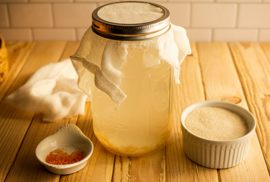 Utensílios para a fabricação de Kefir de água sobre mesa de madeira